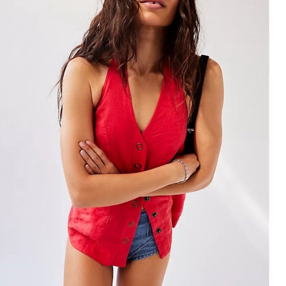 Free People NWT Scout Linen Blend Vneck Snap-Close Halter Vest Top large - Picture 4 of 14